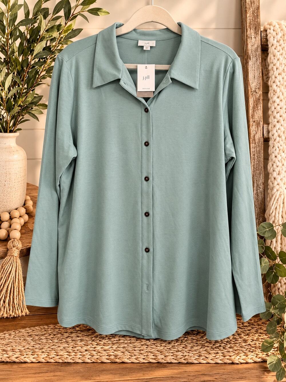 J.Jill Lucite Teal Green Button Front Blouse XL Petite NWT Stretch Knit